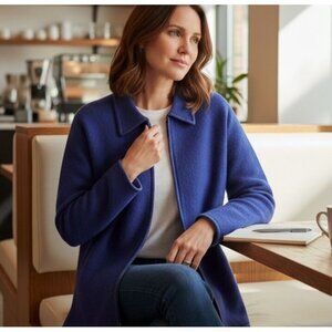 Vintage 90s Boiled Wool Womens Large Indigo Blue Full Zip Cottagecore Cardigan